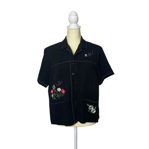 Alfred Dunner Black Linen Blend Button Front Floral Embroidered Top Size 12